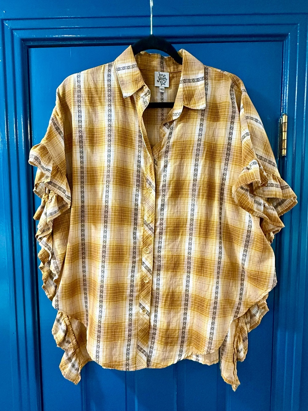ivy jane Yellow Plaid Ruffle-Sleeve Blouse